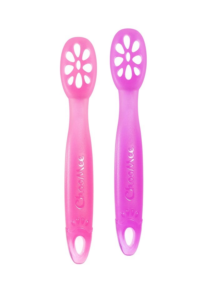 ChooMee FlexiDip Silicone Baby Learning Utensil | 4 Months + Baby Led Weaning | Flat Head Spoon with Firm Handle | Designed in USA, BPA Free, Premium Grade Platinum Silicone | 2 CT Pink Purple - Image 1